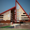 Modern Building Complex with Tilted Red Roofs Green Lawns Water Area and Geometric Design