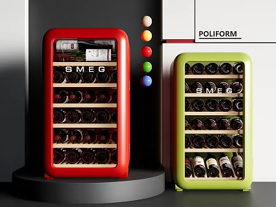 SMEG Red And Green Wine Coolers Filled With Wine Bottles Modern 3d model
