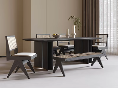 Minimalist Dark Long Dining Table And Chairs Set With Woven Backrest Bench Light Cushions 3d model