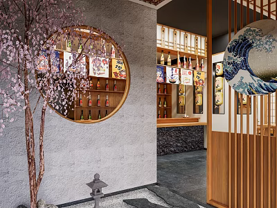 Japanese Restaurant Interior Featuring Cherry Blossom Tree Round Window Wine Bottles Wave Screen Stone Lantern 3d model
