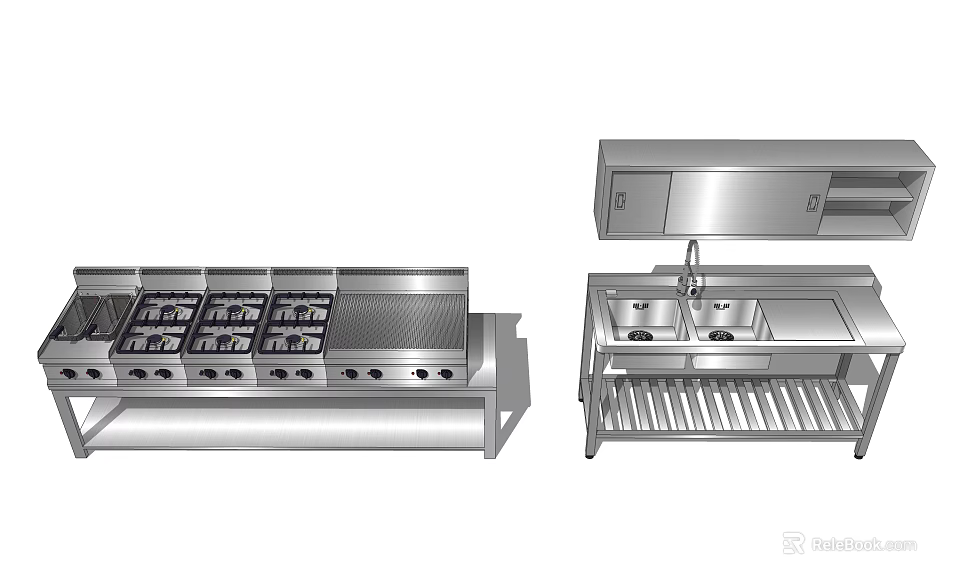 Stainless Steel Kitchen Appliances Featuring Stove Sink And Commercial Workbench Setup 3d model 
