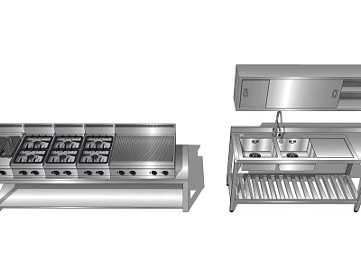 Stainless Steel Kitchen Appliances Featuring Stove Sink And Commercial Workbench Setup 3d model