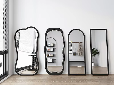 Various Shaped Decorative Mirrors in Modern Home Interior with White Walls and Wooden Floor 3d model