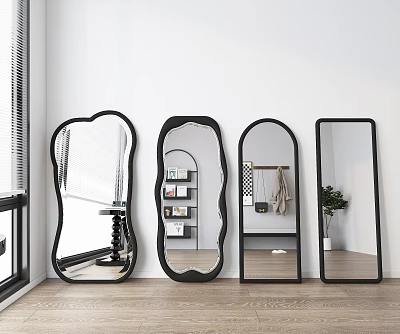Various Shaped Decorative Mirrors in Modern Home Interior with White Walls and Wooden Floor 3d model