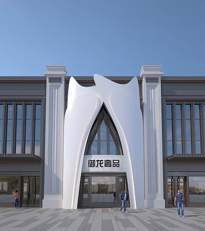 Chinese Style Storefront Facade With White Curved Decorations Symmetrical Columns And Glass Doors 3d model