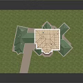 Cartoon Scene of House Model With Green Roof Wooden Frame and Grassy Area