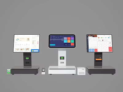 Three Modern POS Terminals With Digital Screens And Different Base Designs 3d model