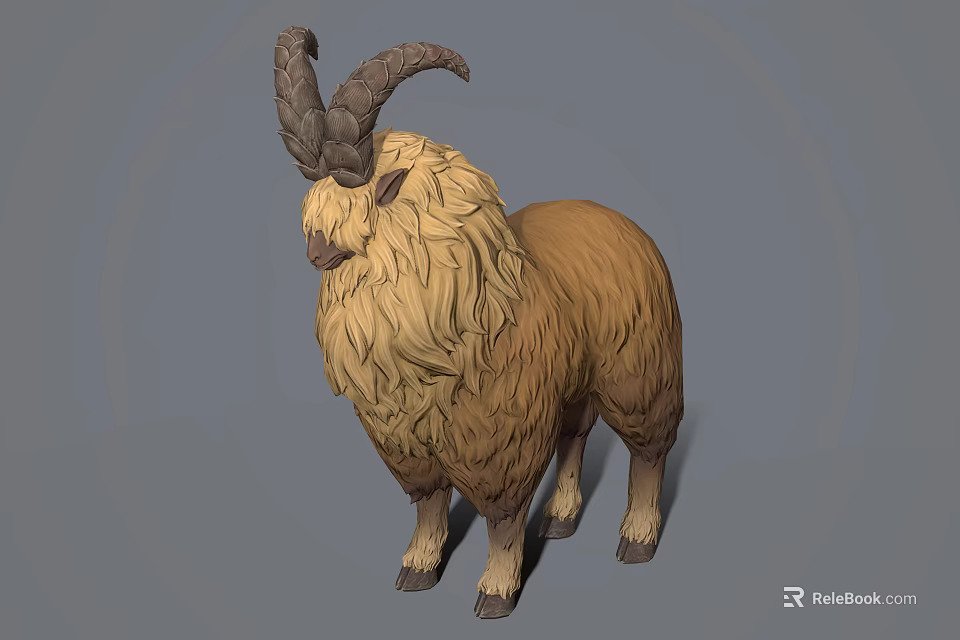 Fluffy Brown Mountain Goat With Large Curved Horns Standing On Gray Background 3D Render 3d model