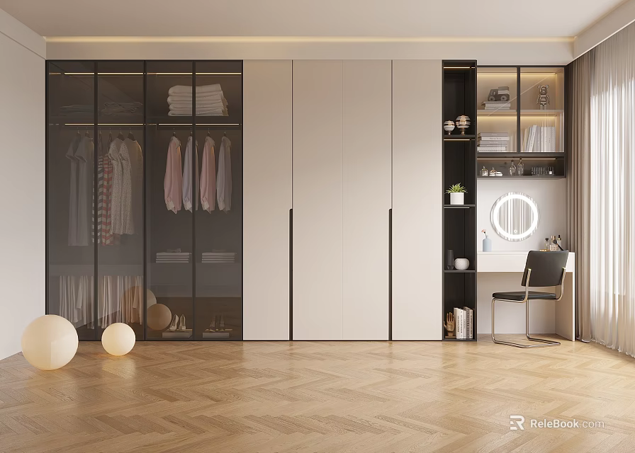 Modern Wardrobe with Glass Door Storage and Dressing Table Mirror Wooden Floor Interior Design 3d model 