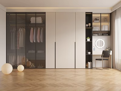 Modern Wardrobe with Glass Door Storage and Dressing Table Mirror Wooden Floor Interior Design 3d model