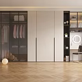 Modern Wardrobe with Glass Door Storage and Dressing Table Mirror Wooden Floor Interior Design