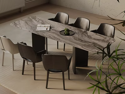 Modern Dining Table Set With Marble Top And Mixed Color Chairs Plus Decorative Plants 3d model