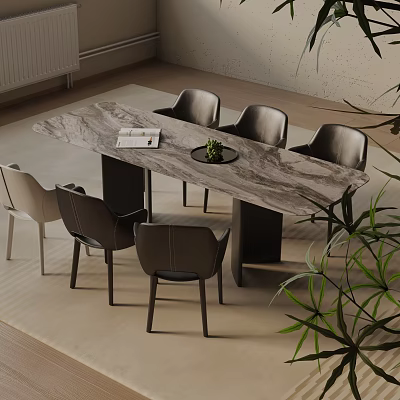 Modern Dining Table Set With Marble Top And Mixed Color Chairs Plus Decorative Plants 3d model