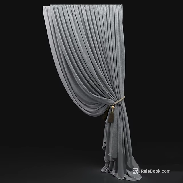 Gray Velvet Curtains With Gold Tieback And Tassel Decoration For Elegant Window Treatment 3d model 