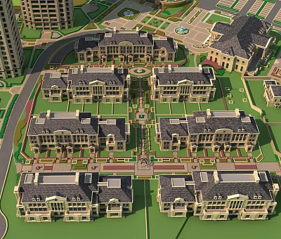 Well Designed Detached Villas With Classical Architecture Symmetrical Layout And Landscaped Gardens On Green Lawns 3d model