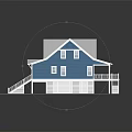 Blue House With White Roof Front Porch Staircase Green Lawn And Gray Ground