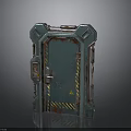 Rusted Teal Industrial Door With Metal Frame Control Panel And Yellow Warning Stripes