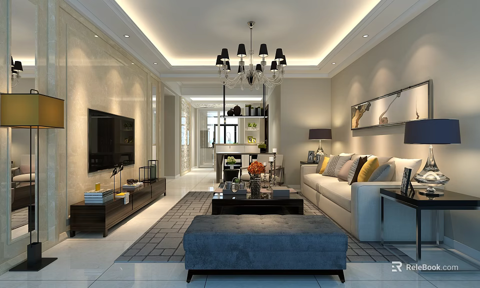 Modern Living and Dining Room Interior With Sofa Pillows Coffee Table TV And Chandelier 3d model 