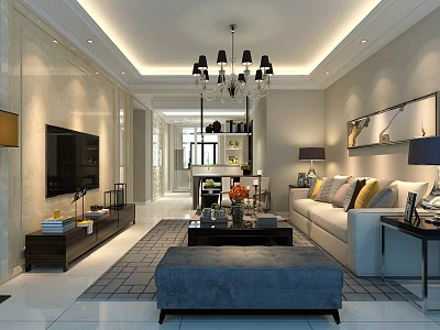 Modern Living and Dining Room Interior With Sofa Pillows Coffee Table TV And Chandelier 3d model
