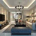 Modern Living and Dining Room Interior With Sofa Pillows Coffee Table TV And Chandelier