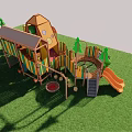 Kids Playground With Wooden Slide Climbing Frame On Green Grass Field Under Blue Sky