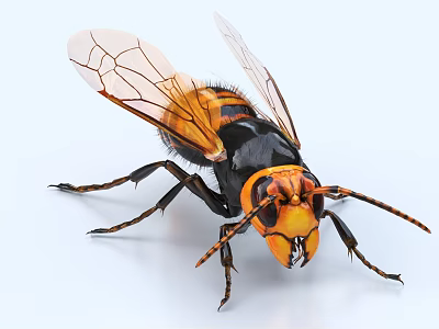 Hornet With Black And Yellow Body Transparent Wings Orange Head Close Up On White Background 3d model