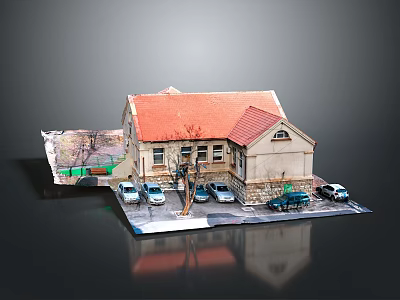 Small Stone Building With Red Roof And Parking Lot With Cars And Tree 3d model