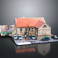 Small Stone Building With Red Roof And Parking Lot With Cars And Tree