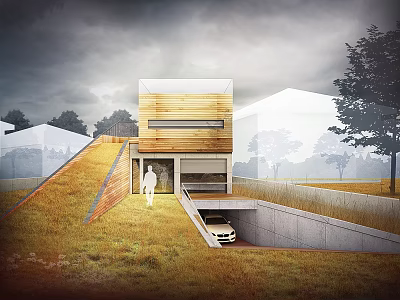Modern Detached Villa With Wooden Facade Sloped Lawn And Underground Garage 3d model