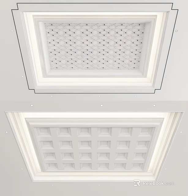 Modern White Ceiling Design With Geometric Grid Pattern Frame And Recessed Lighting 3d model 