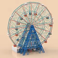 Amusement Park Ferris Wheel With Blue Steel Frame And Colorful Cabins