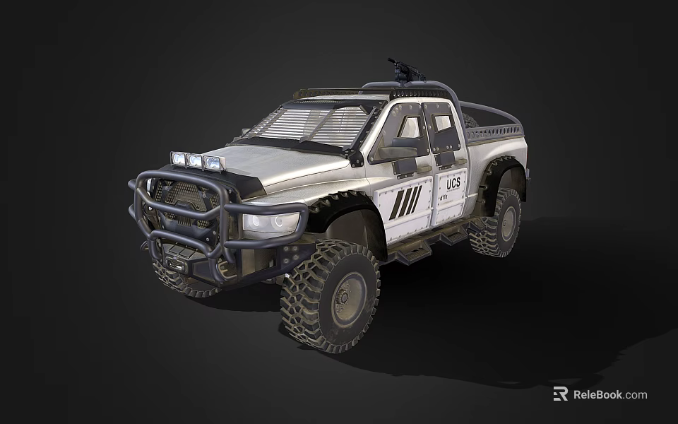 Rugged Silver Off Road Pickup Truck With Modified Front Bumper Roof Rack And Large Tires 3d model 