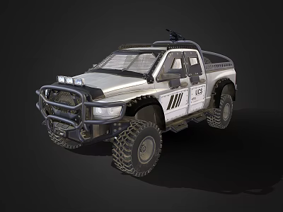Rugged Silver Off Road Pickup Truck With Modified Front Bumper Roof Rack And Large Tires 3d model