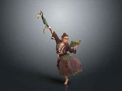 Man Dancing in Traditional Costume Holding Green Decorated Item Left Hand Book Against Gray Background 3d model