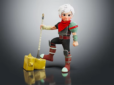 White Haired Fantasy Character With Red Scarf Holding Long Handled Weapon And Yellow Box 3d model