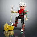 White Haired Fantasy Character With Red Scarf Holding Long Handled Weapon And Yellow Box