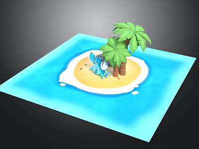 Blue Animal Standing On Tropical Island With Palm Trees And Blue Water 3d model