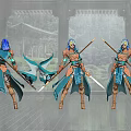 Game Character With Teal Blue Hair Brown And Blue Armor Holding Spear And Sword