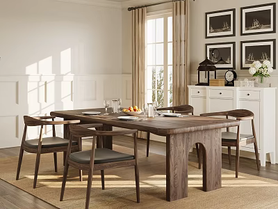 Cozy Restaurant Dining Area With Wooden Table Chairs White Cabinet And Framed Art 3d model