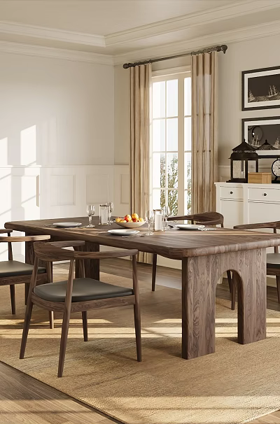 Cozy Restaurant Dining Area With Wooden Table Chairs White Cabinet And Framed Art 3d model