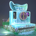 Cartoon Scene With Blue Icy Structure Scroll Top Round Window Purple Plants Green Glowing Light