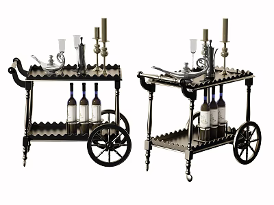 Vintage Metal Bar Carts With Wine Bottles Candle Holders And Decorative Wheels 3d model