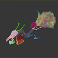 Unique Broom Bird Head Red Hat Red Handbag Golden Legs Yellow Object With Golden Reflection