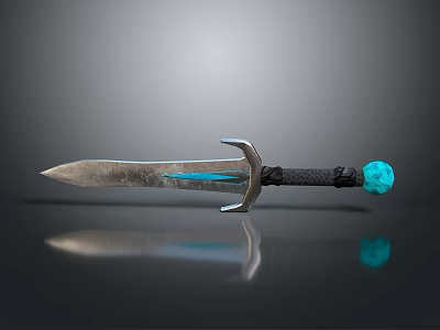 Medieval Sword With Metal Blade Silver Guard Black Hilt And Blue Gemstone Reflection On Smooth Surface 3d model