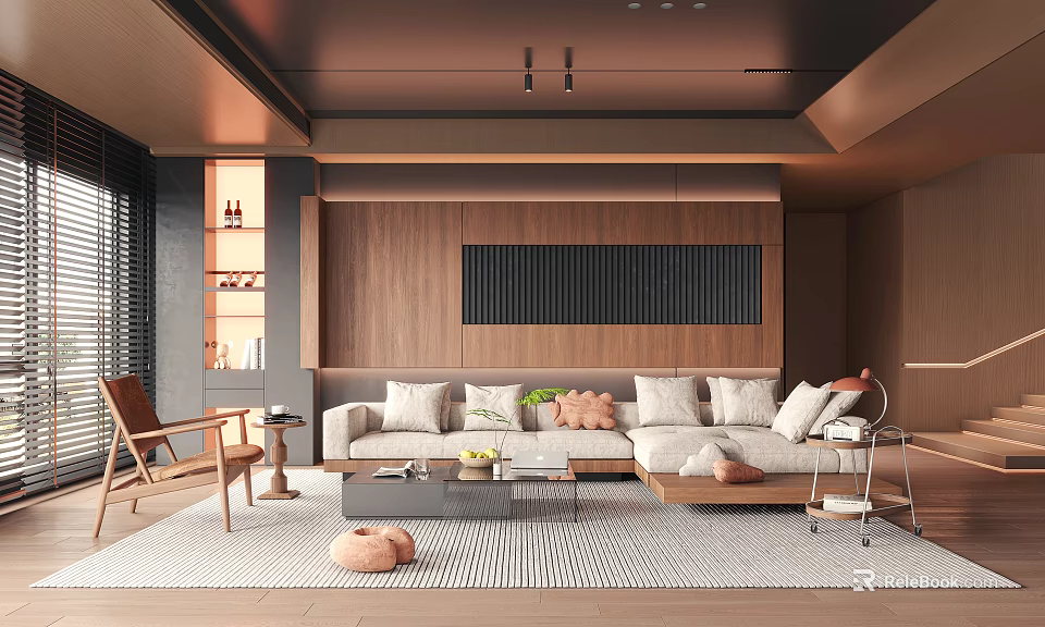 Natural Wooden Living Room Interior With Dark Slatted Panel Light Beige Sofa And Rattan Chair 3d model 