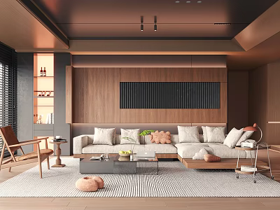 Natural Wooden Living Room Interior With Dark Slatted Panel Light Beige Sofa And Rattan Chair 3d model
