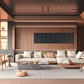 Natural Wooden Living Room Interior With Dark Slatted Panel Light Beige Sofa And Rattan Chair