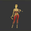 Woman In Red Bodysuit Holding Staff And Whip Against Gray Background