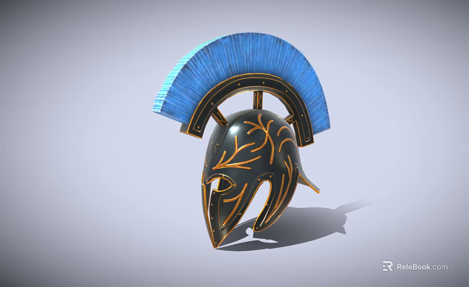 Spartan Helmet With Blue Plume And Gold Leaf Decorations On Black Surface 3d model 