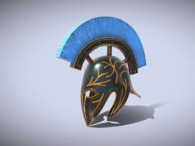 Spartan Helmet With Blue Plume And Gold Leaf Decorations On Black Surface 3d model